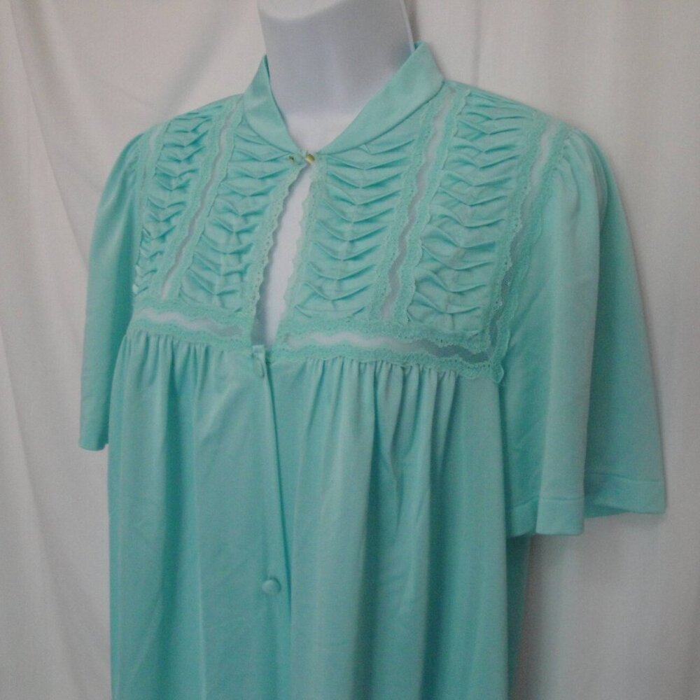 Vanity Fair robe, 38" bust, Short sleeve, Teal, Knee length, Button front, VTG